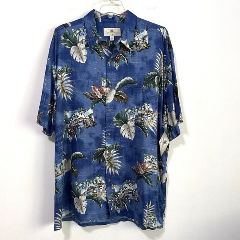 Island Shores Mens Hawaiian Shirt XL Postcards Blue Short Sleeve Button‎ Up NEW